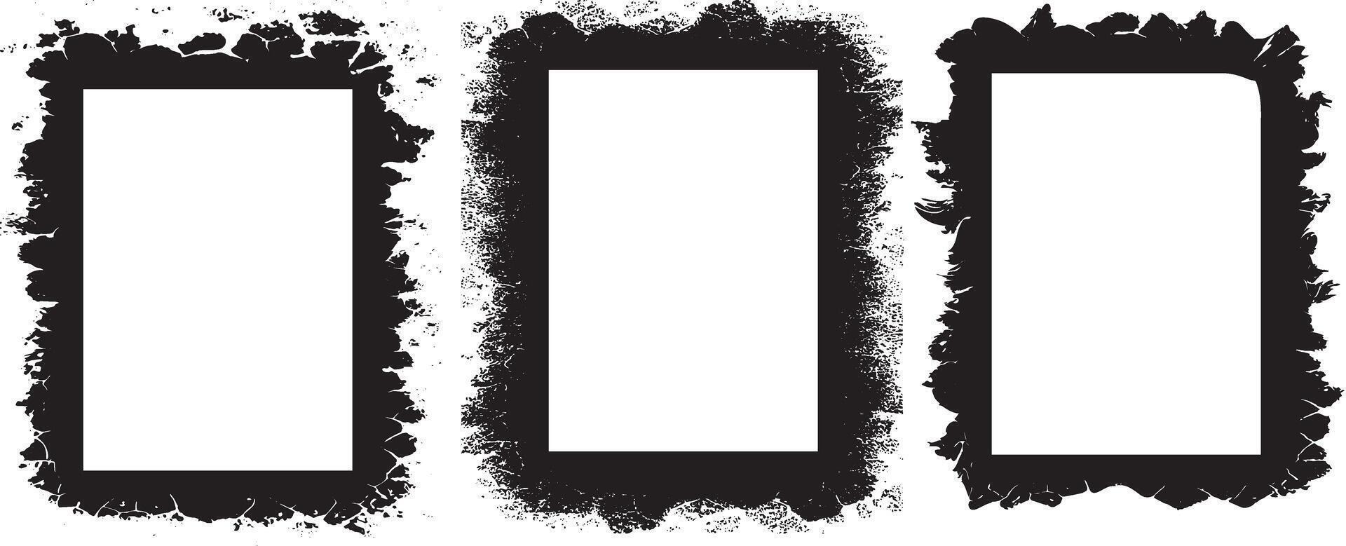 Black and white grunge border set, Artistic Trio of Vertical Grunge Photo Frames Distressed Black Borders with Irregular, Worn-Out Edges for Bold and Edgy Visual Display vector