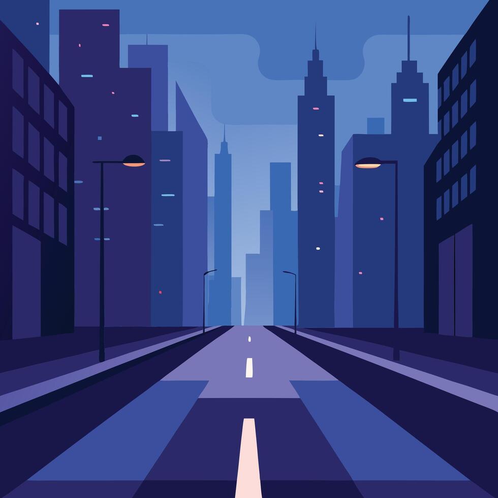 An empty New York City street at pre-dawn, skyscrapers lining the street with occasional lit windows, streetlights casting soft glows, vector