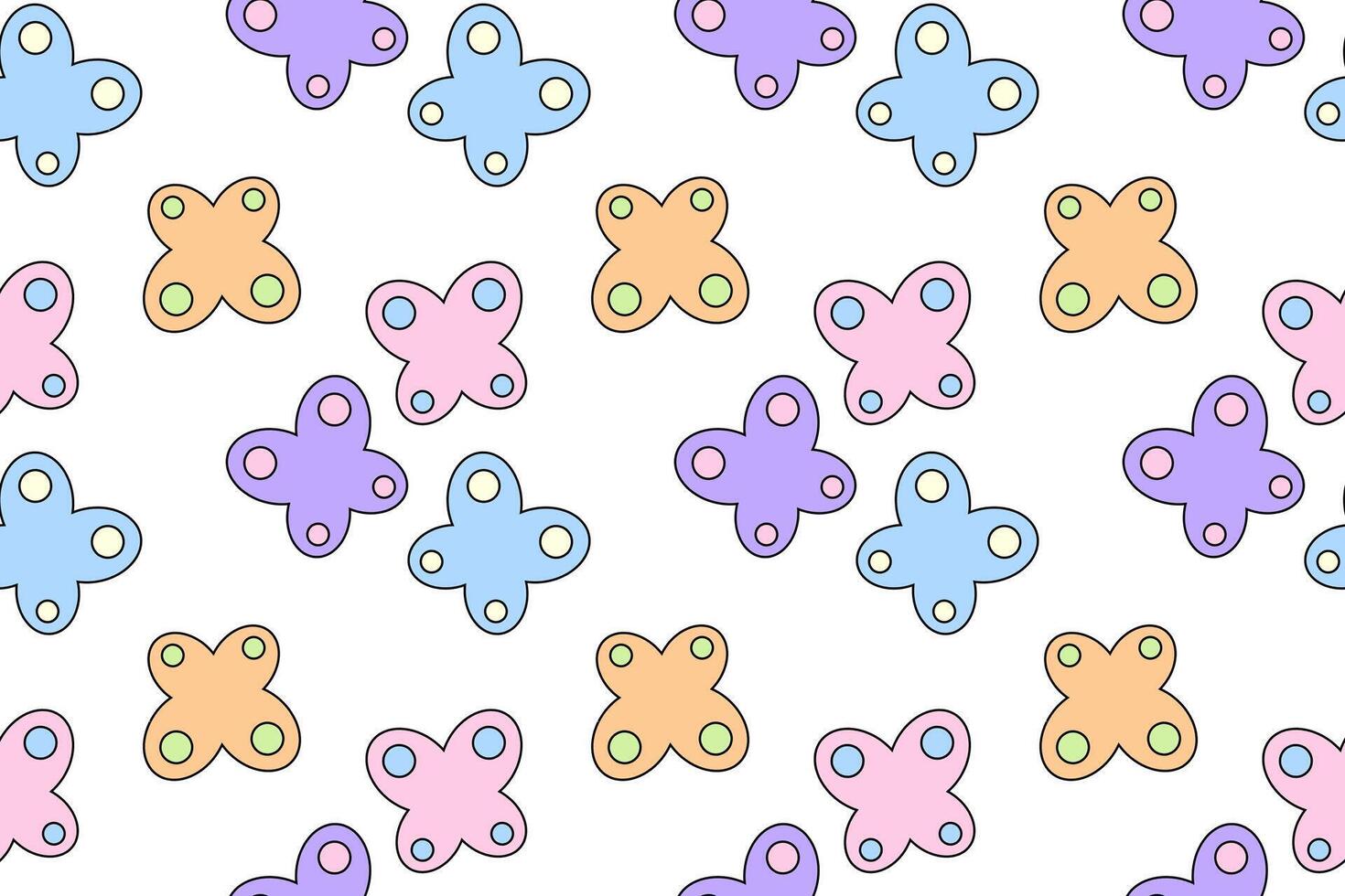 A seamless pattern of butterfly-like shapes in pastel tones of blue, pink, purple, and orange, decorated with circular accents. vector