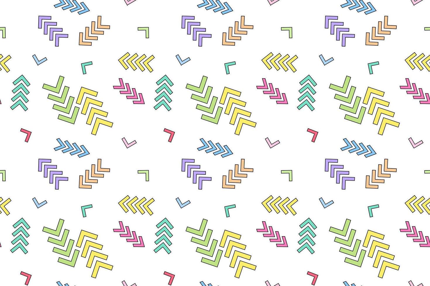 Vibrant repeating pattern of colorful arrows, chevrons, and check marks on a white background. vector