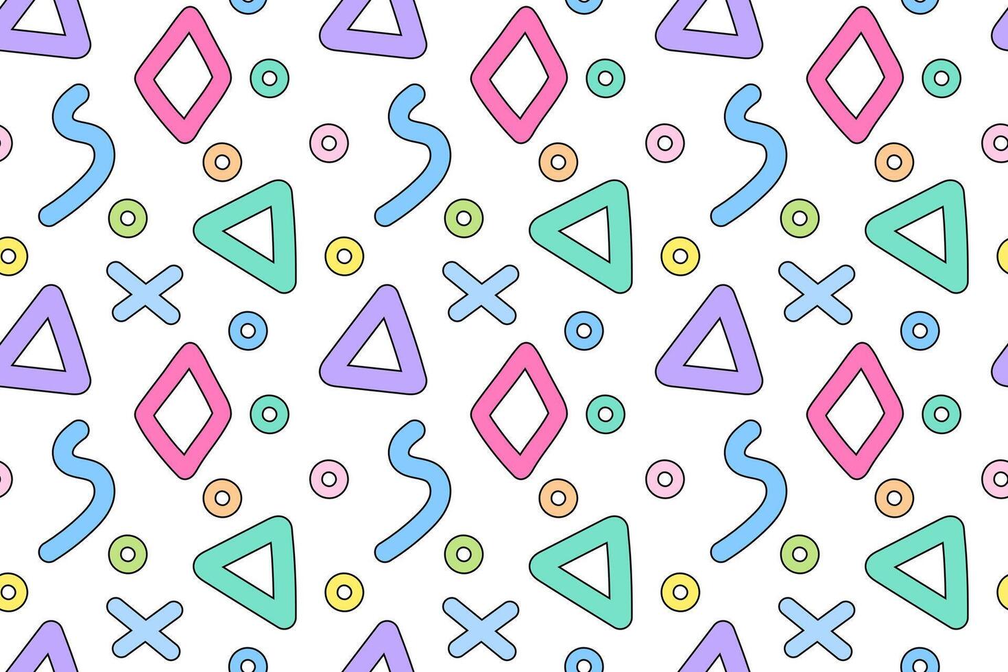 Vibrant seamless pattern featuring colorful geometric shapes like triangles, circles, and rhombuses on a white background. vector