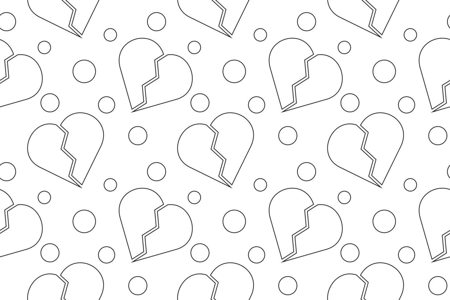 Black and white seamless pattern featuring broken hearts and circles, perfect for childrens coloring pages. vector