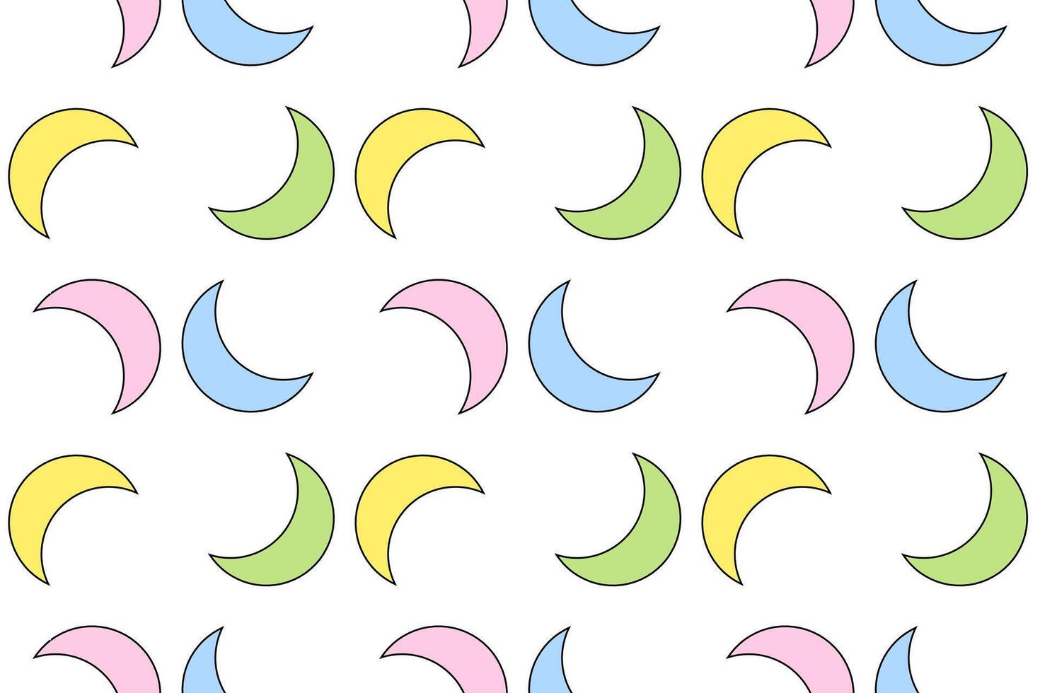 A seamless pattern featuring colorful crescent moons in pastel shades of pink, blue, yellow, and green on a white background. vector