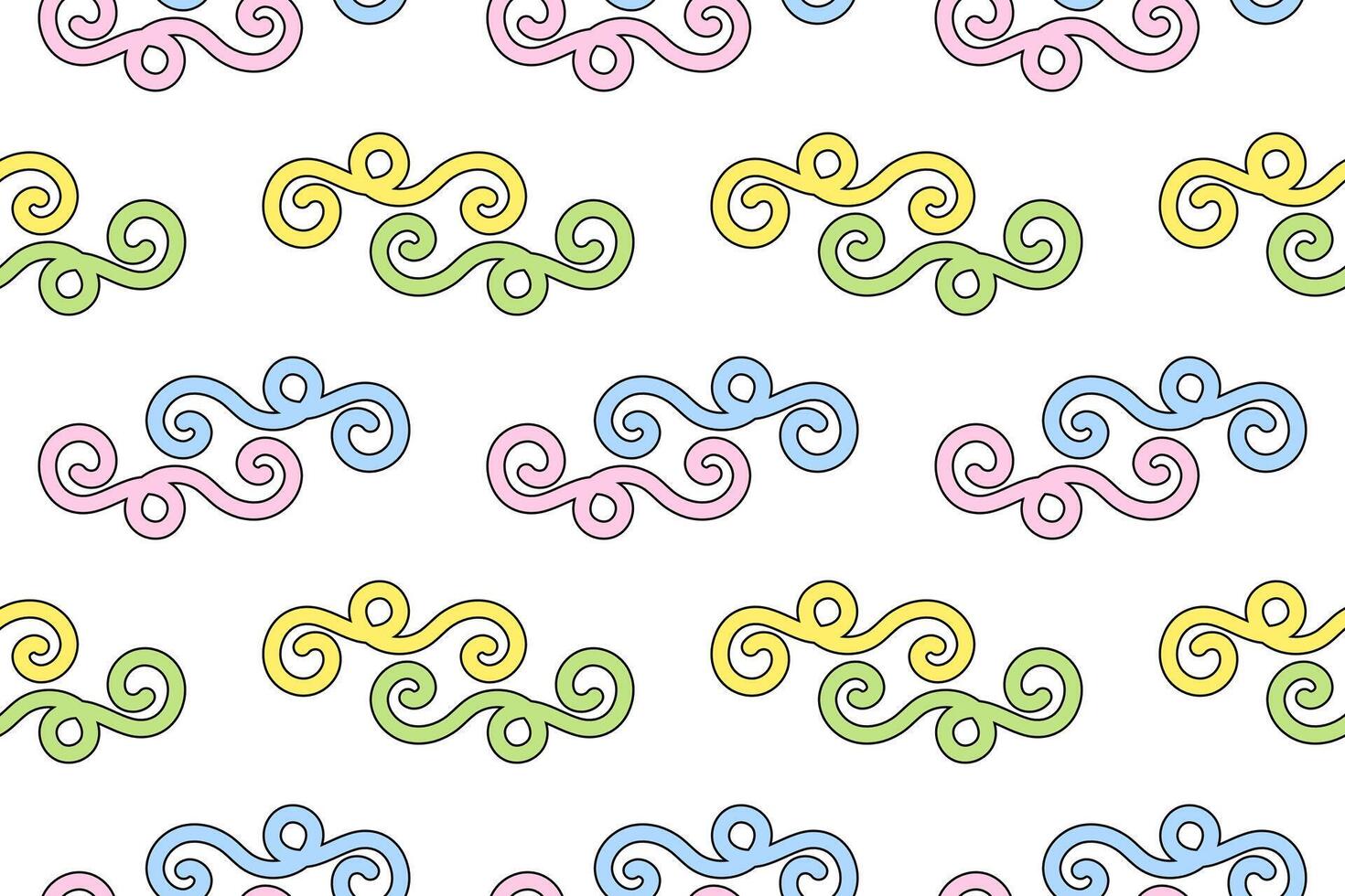 Decorative seamless pattern featuring colorful swirls and curls in pastel tones on a white background. vector