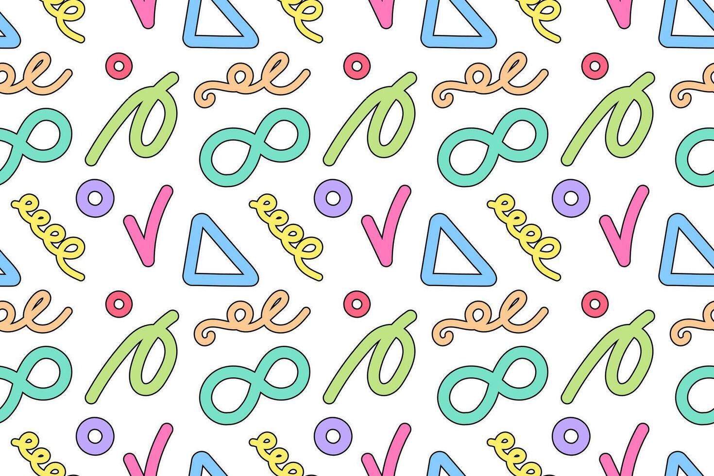 A seamless pattern featuring colorful abstract shapes, infinity symbols, triangles, and swirls on a white background. vector