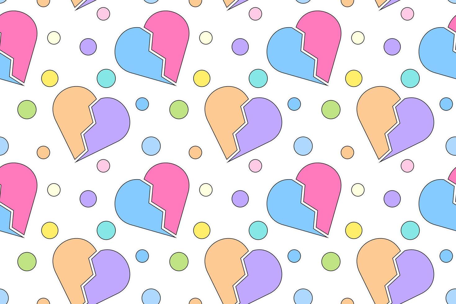 Playful repeating pattern featuring colorful broken hearts and pastel circles on a white background. vector