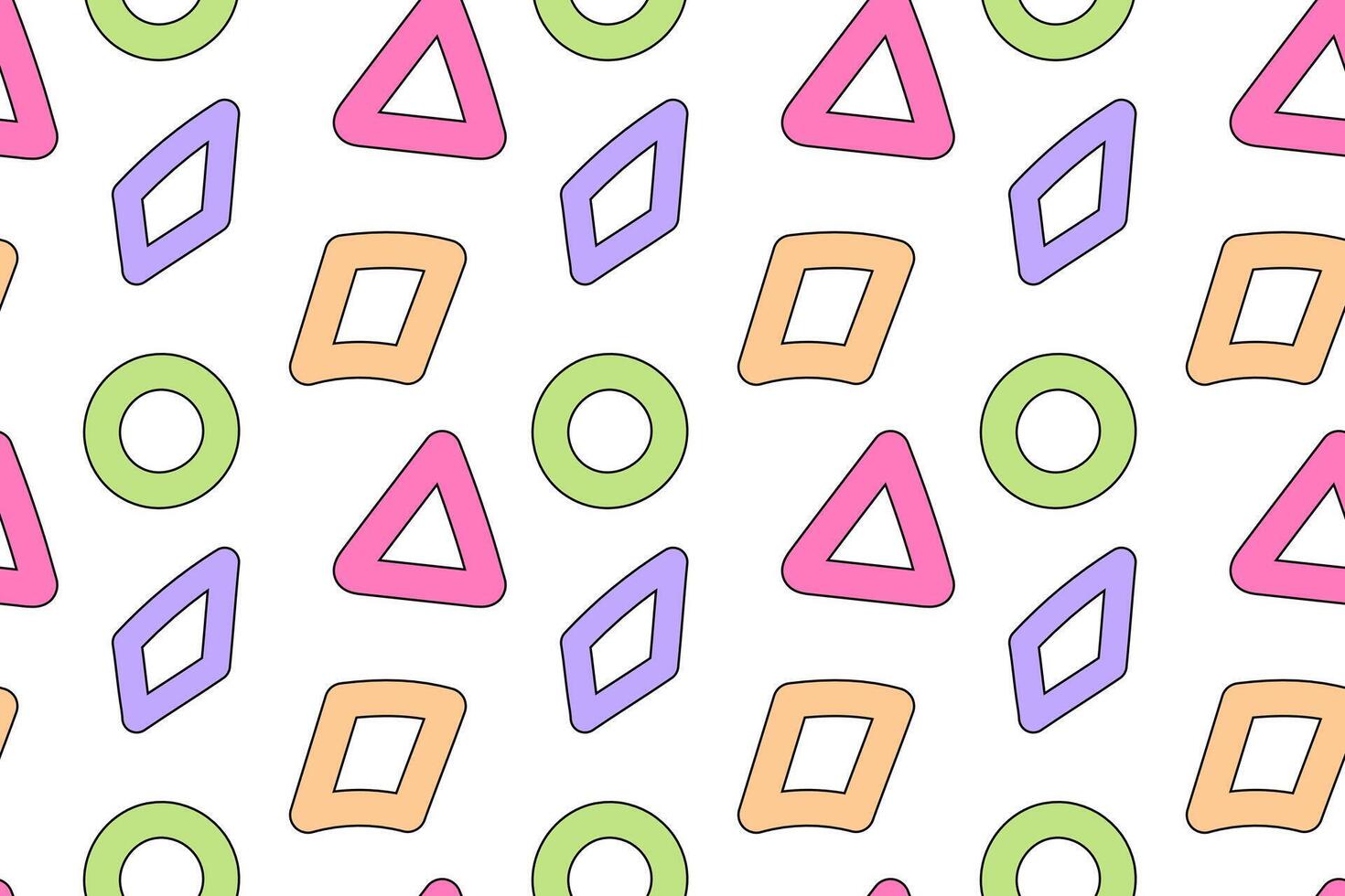 A colorful seamless pattern featuring geometric shapes like triangles, circles, and diamonds on a white background. vector