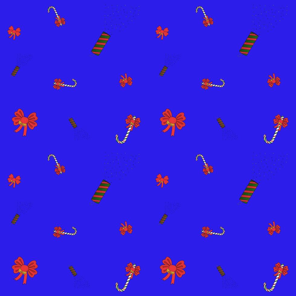 Red bows, a caramel cane and a confetti clapper, Christmas. color pattern vector