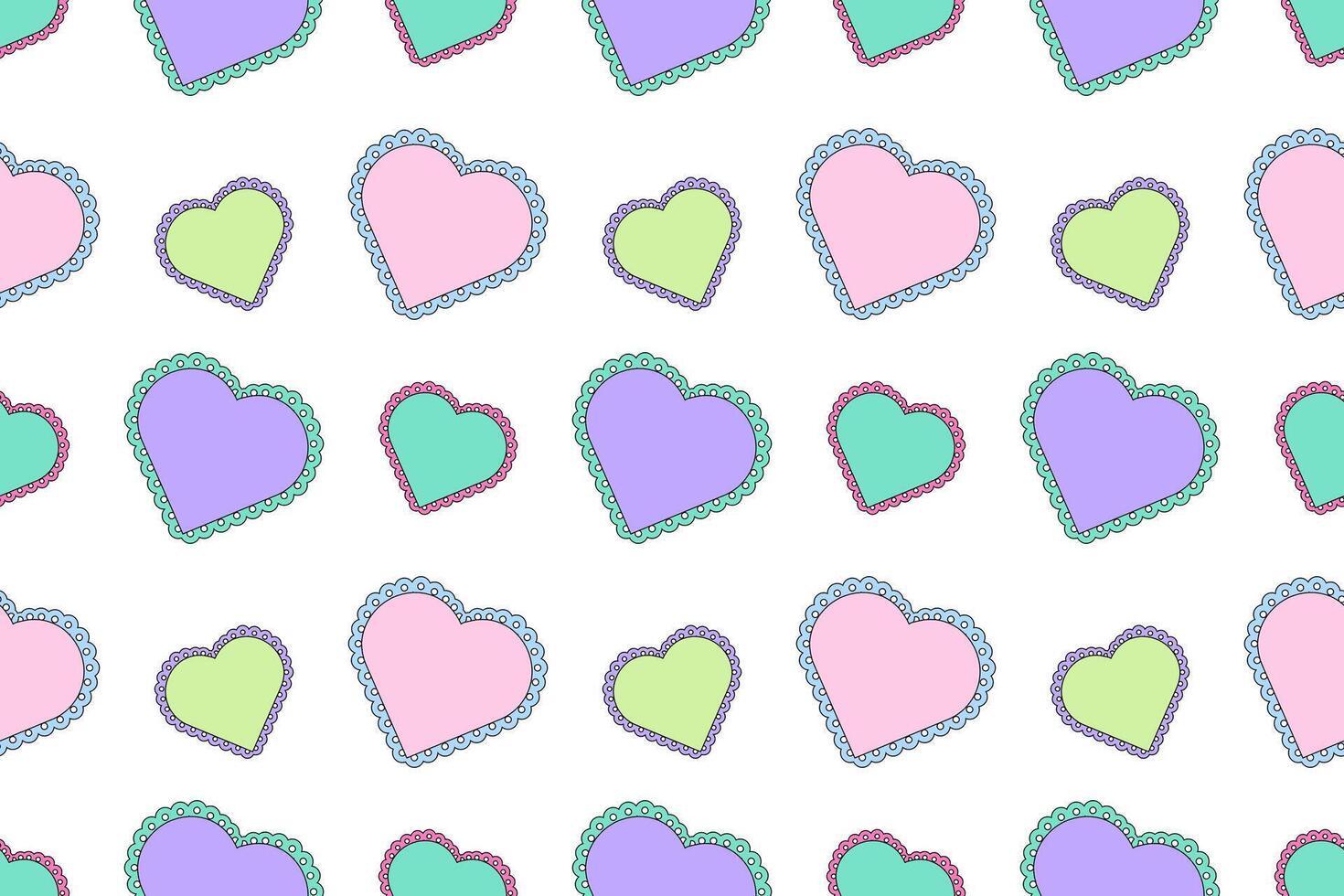 Playful seamless pattern of pastel lace-trimmed hearts in various colors on a white background, perfect for creative projects. vector
