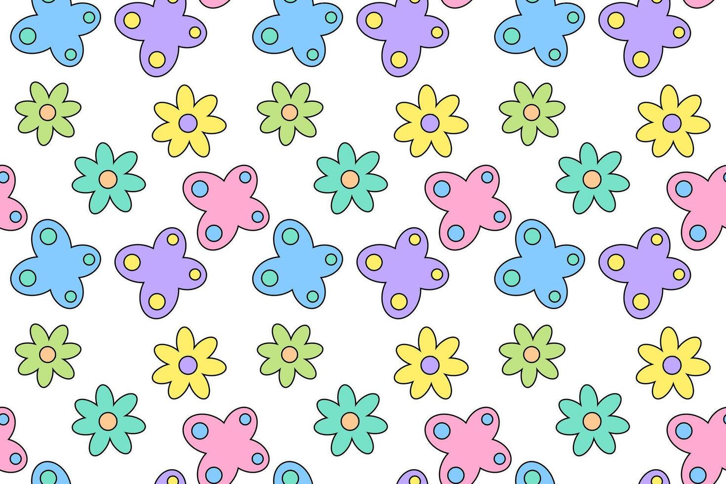 Bright seamless pattern of colorful butterflies and flowers on a white background, perfect for cheerful designs. vector