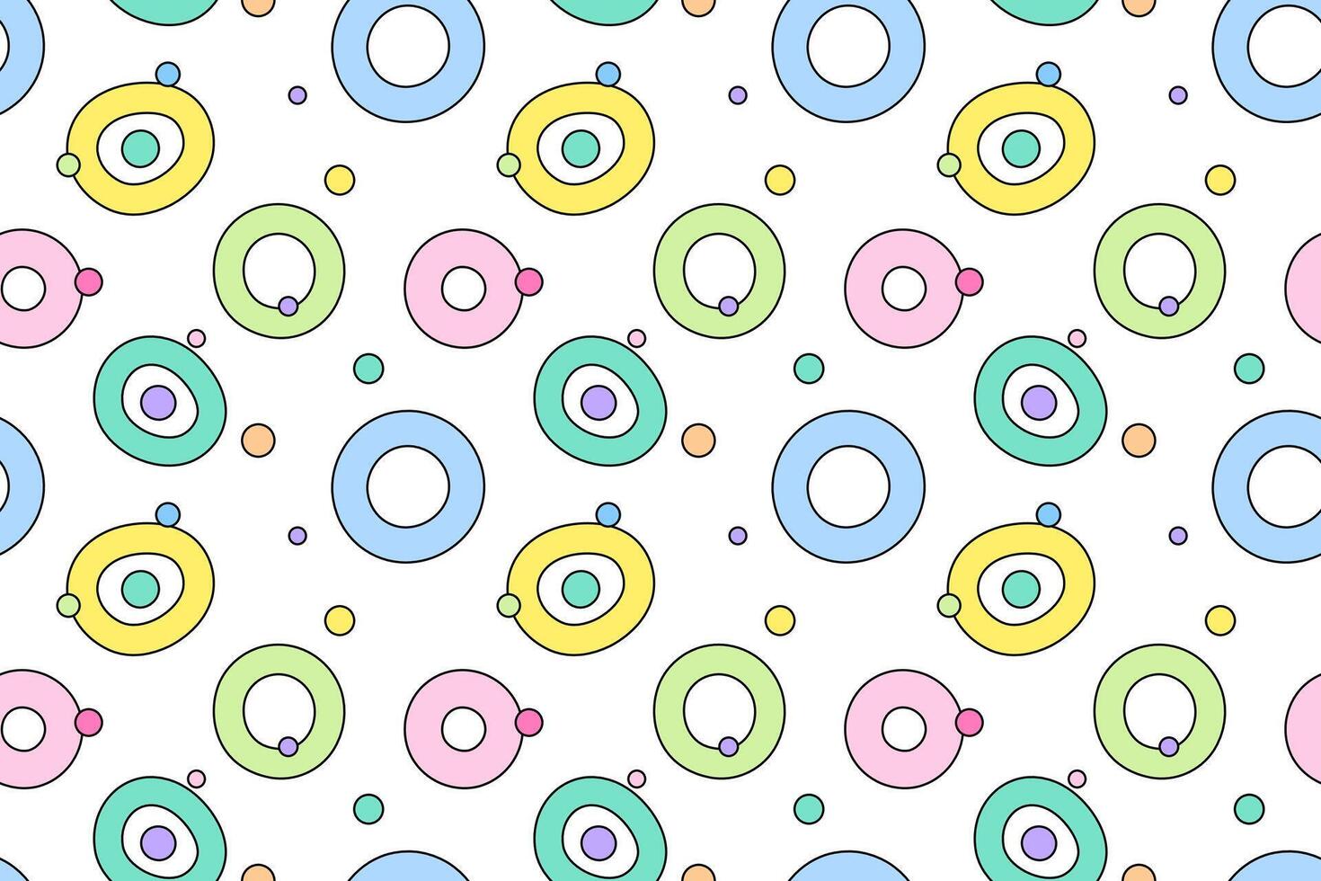 Seamless pattern featuring hollow and solid circles in pastel colors with playful accents on a white background. vector