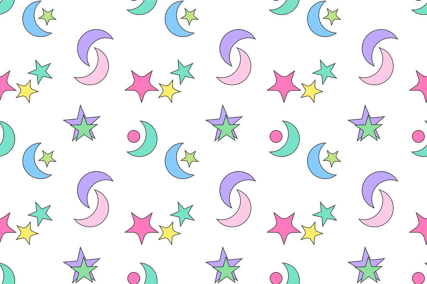 Playful seamless pattern of colorful stars, crescent moons, and circles on a white background, ideal for kids designs. vector