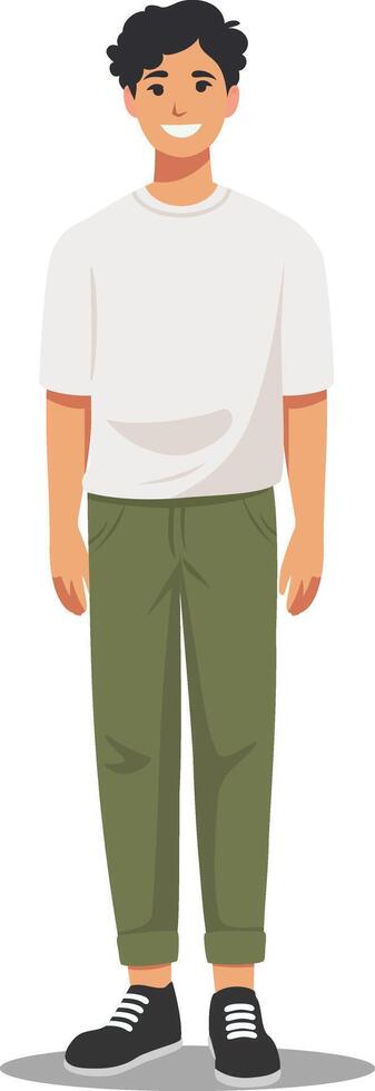 Young Boy Standing in Casual Outfit.Full-body illustration of a young boy standing against a plain white background.Boy is dressed in white t-shirt, green pants, and black sneakers with white lace vector