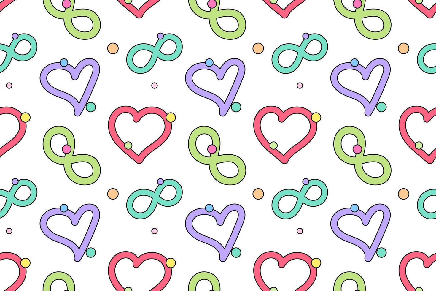 A colorful seamless pattern featuring red hearts, green infinity symbols and confetti on a white background. vector