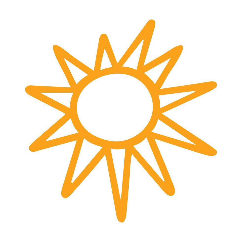 Cute doodle sun icon. Hand drawn yellow style illustration. Logo sketch. Summer design vector