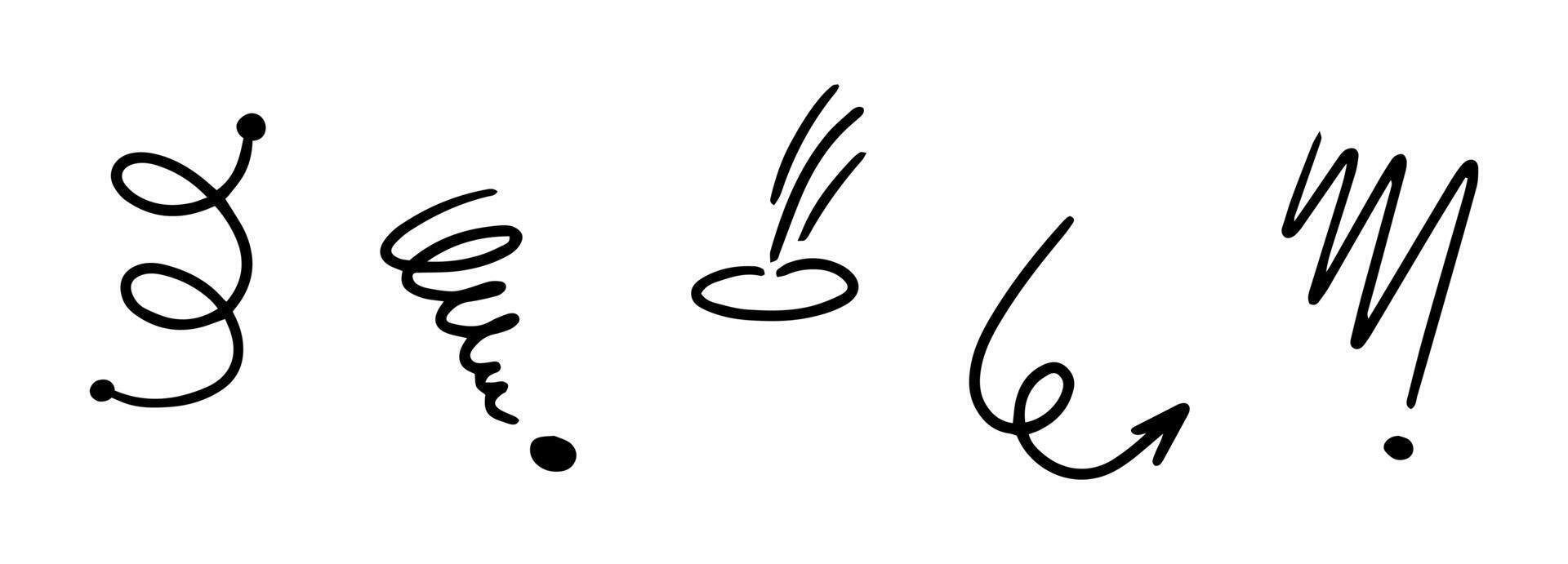 Hand drawn pencil curve line, zigzag, arrow, wave, curls. charcoal smears, dots arrows. Underline pen set. Doodle style sketch lines. Marker wavy strokes with rough edges on white background vector