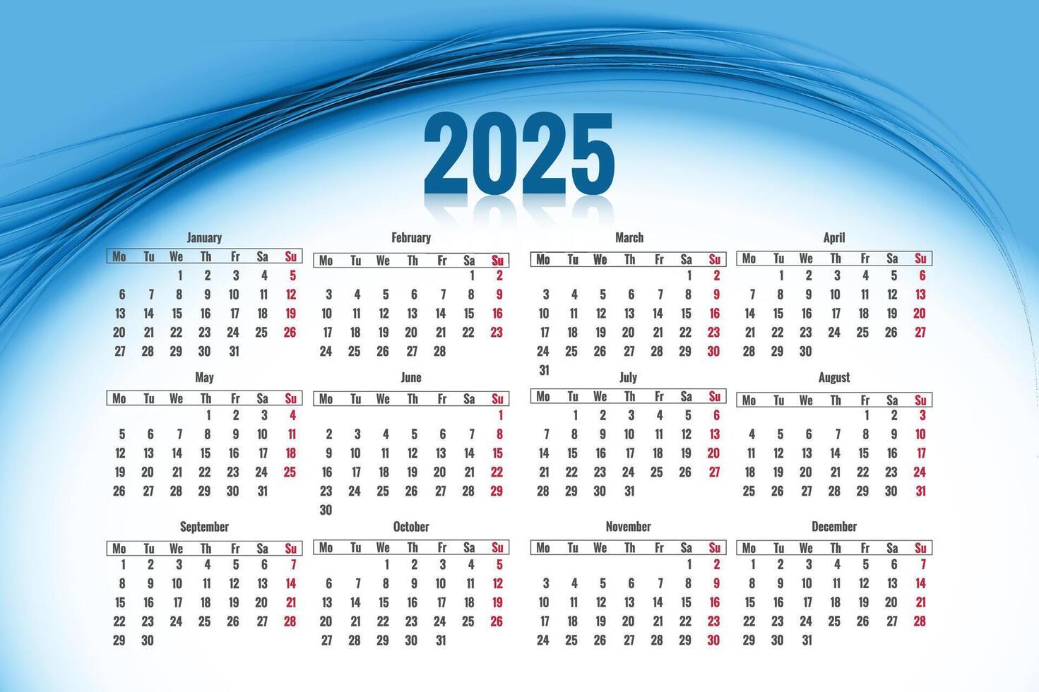 2025 english calendar template with creative blue wave background vector