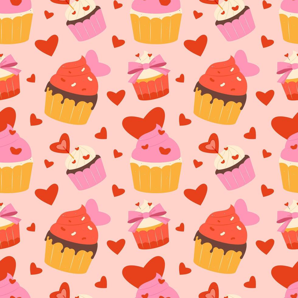 Seamless Valentine's Day cupcake pattern in flat style vector