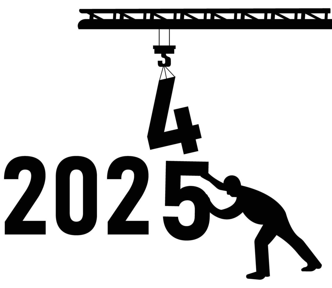 Happy new year 2025 welcome design. Year changing from 2024 to 2025. end of 2024 and starting of 2025. letter 3 Lifting by crane letter 4 pushing by a man. construction cranes with numbers 2025 vector