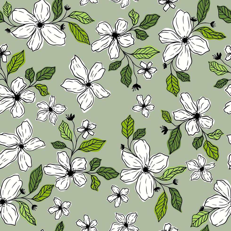 Seamless white flowers of apple or differennt spring flowers. Bright spring pattern vector