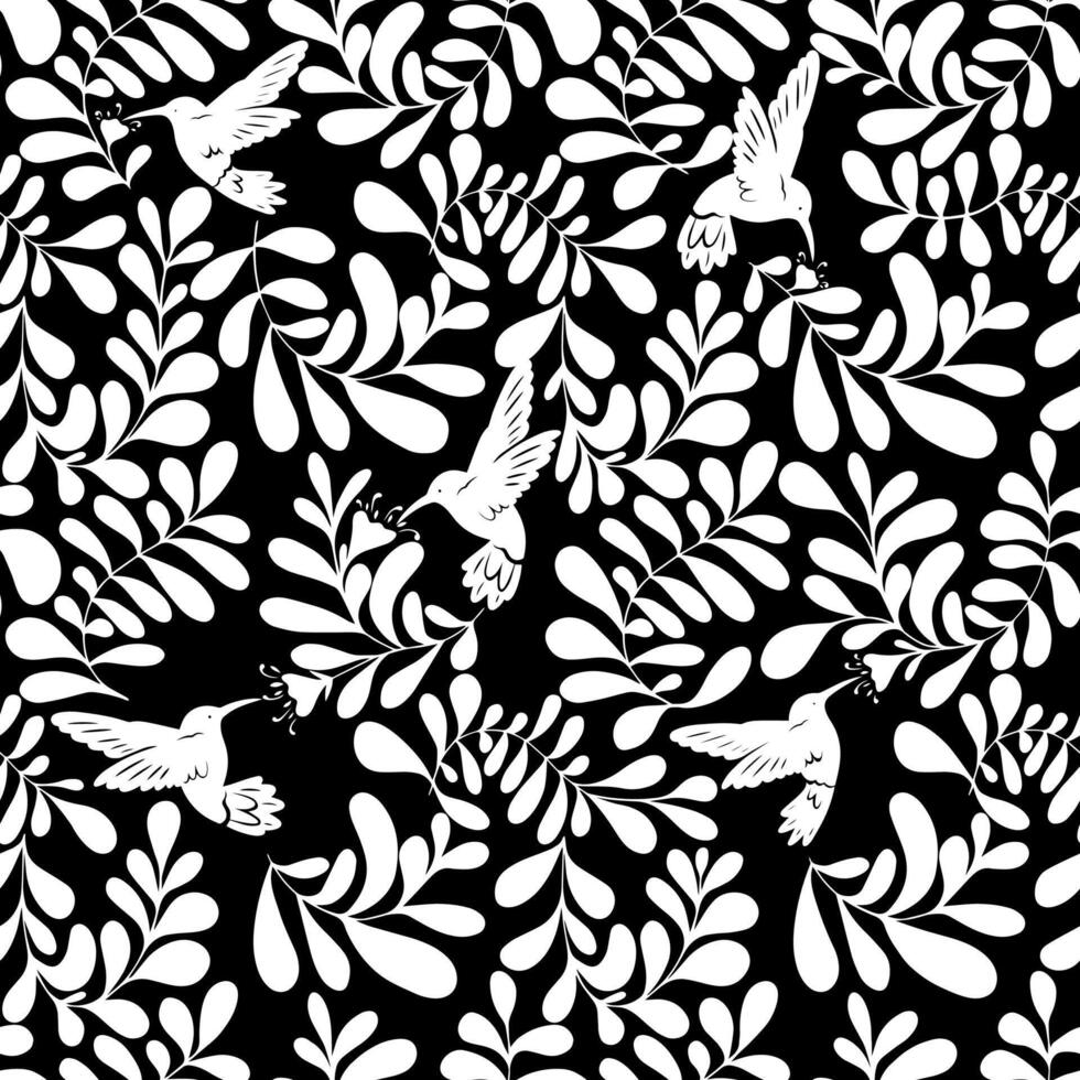 Seamless pattern with leaves, flowers and small birds. Spring pattern vector