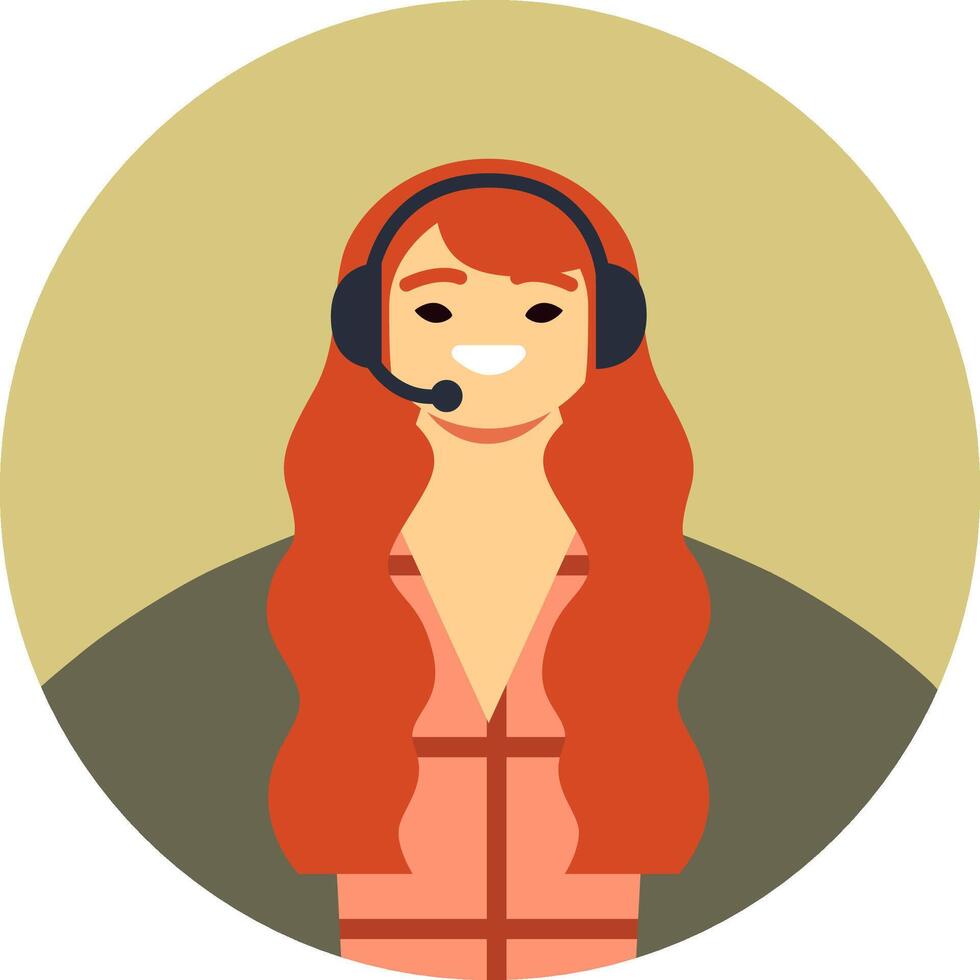 Friendly female call center agent with long red hair is wearing a headset and smiling, providing excellent customer support within a circular frame vector
