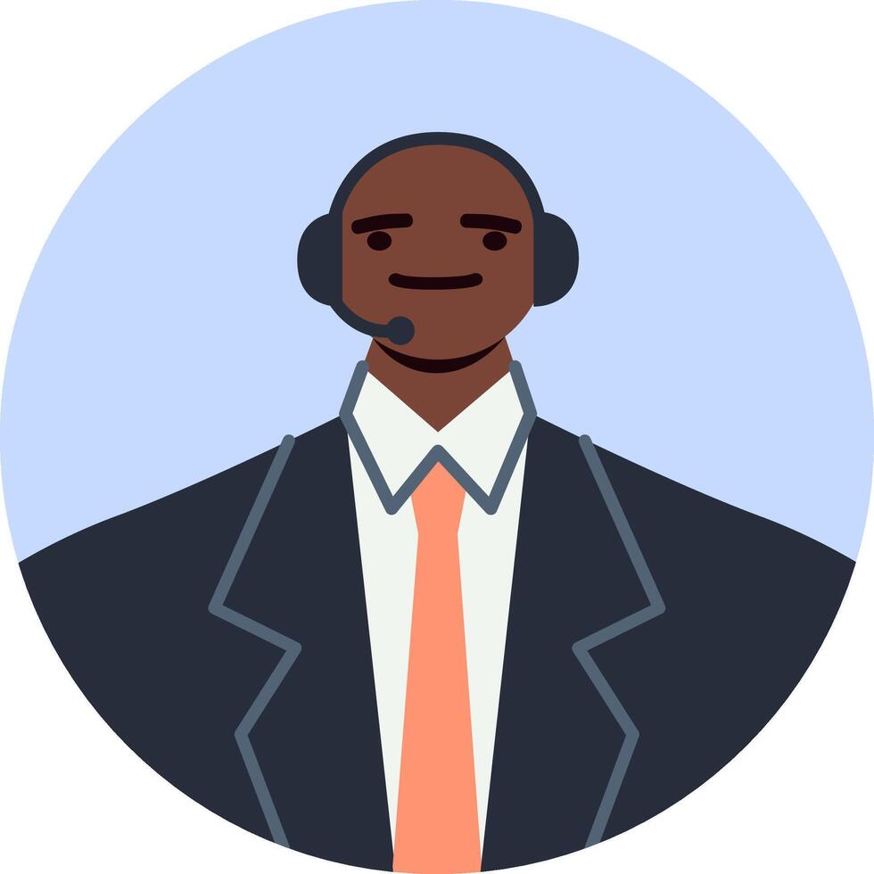 Friendly male customer service representative wearing a headset and suit, offering assistance and solutions with a smile, embodying professionalism and helpfulness in a modern business setting vector