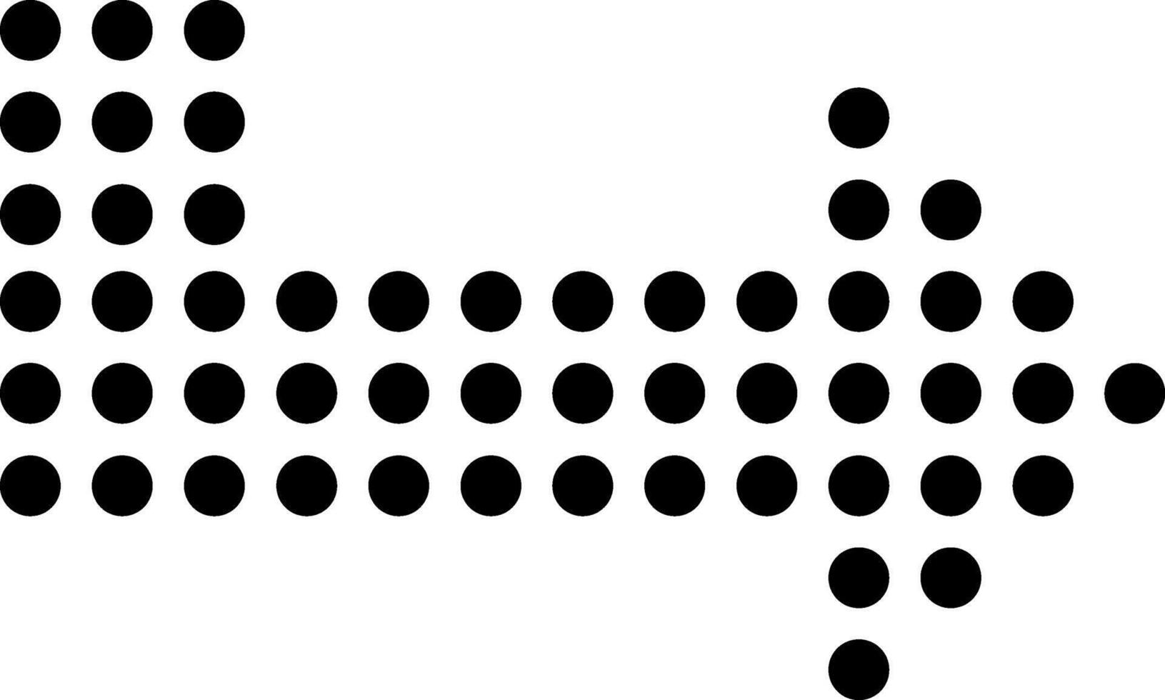 Black dots arranged in rows and columns create a right pointing arrow against a clean white backdrop, symbolizing direction, guidance, or progress vector