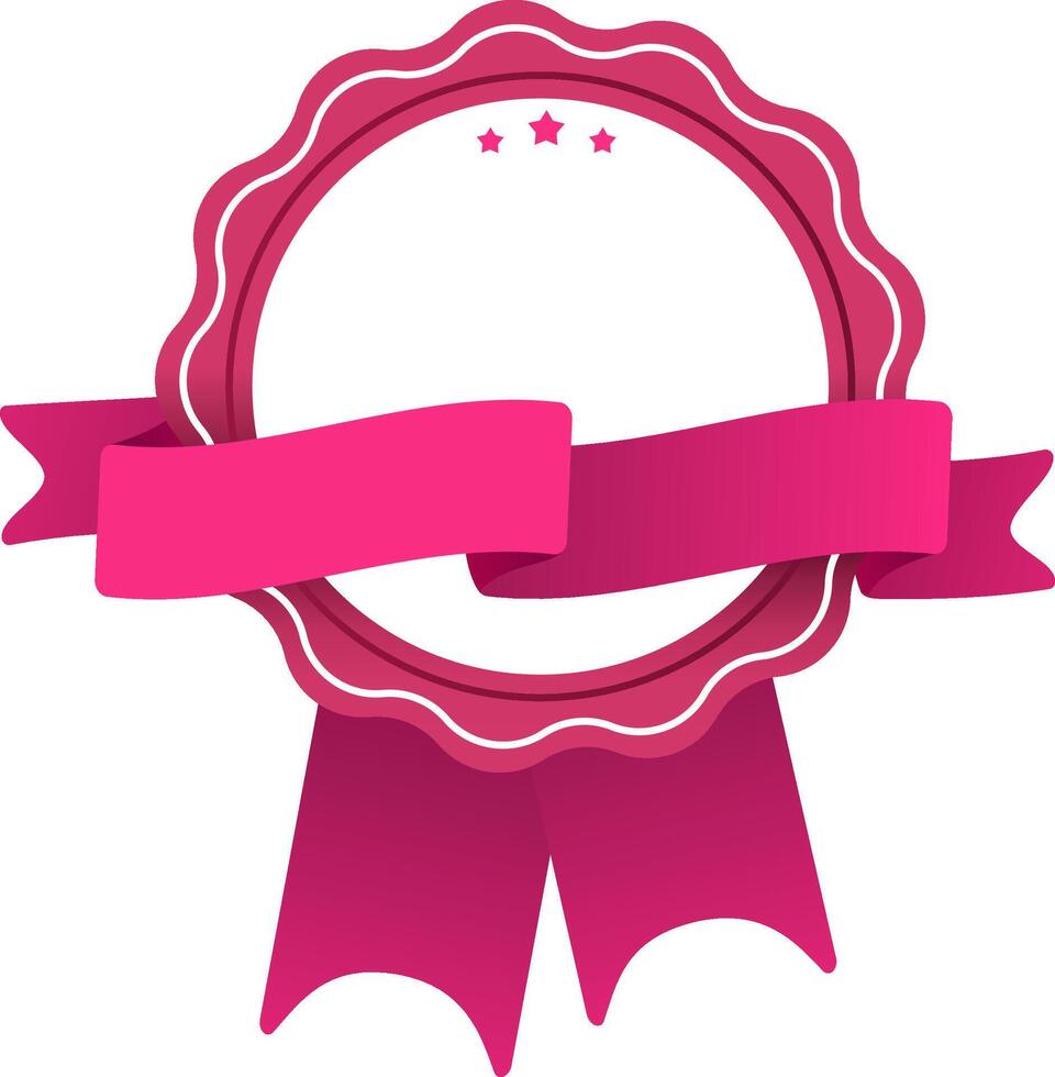 Pink blank award badge featuring a ribbon and three stars, symbolizing accomplishment and recognition for exceptional performance and outstanding achievements in various fields vector