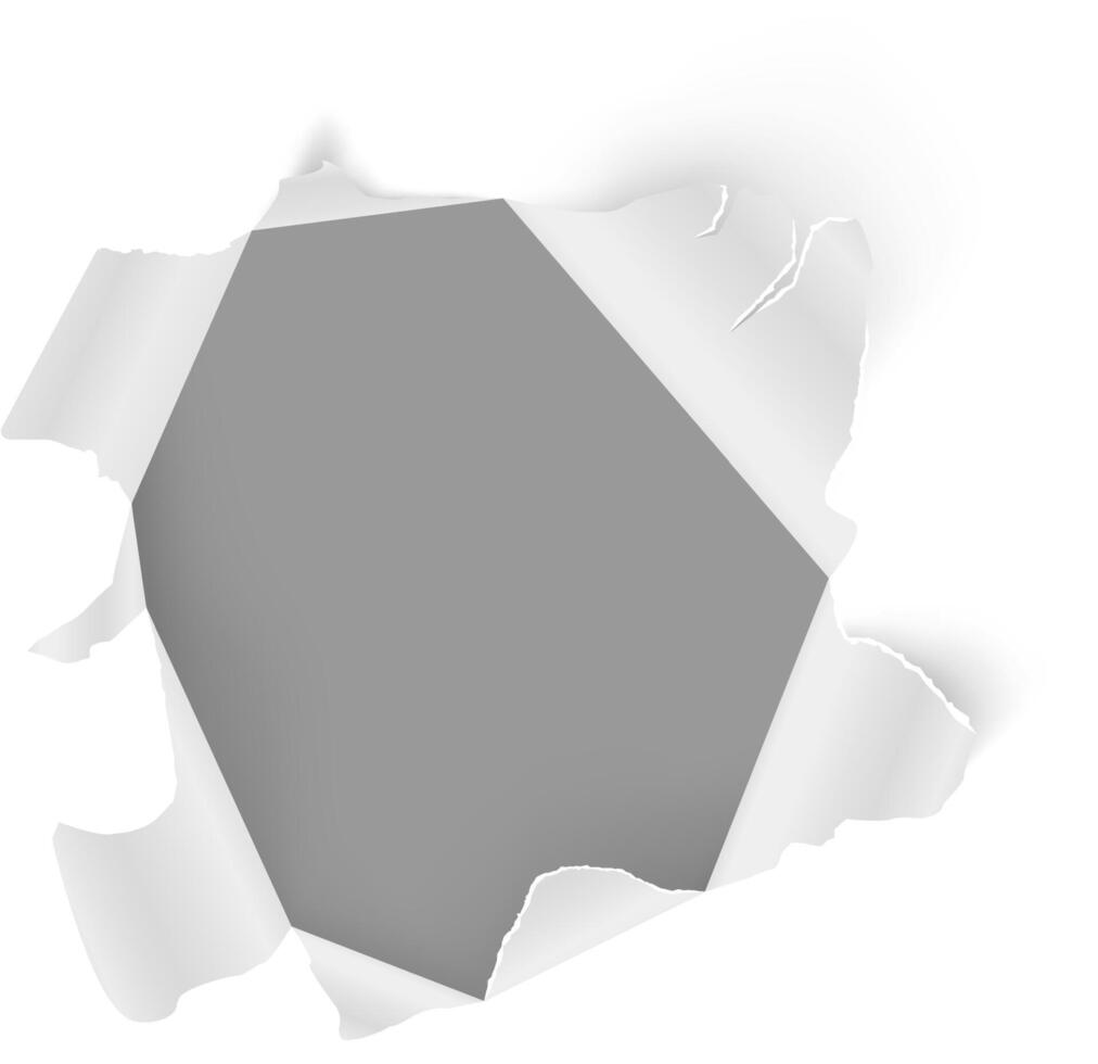 Torn white paper creating an irregular shaped hole revealing a gray background, providing a textured and layered effect suitable for various design applications vector