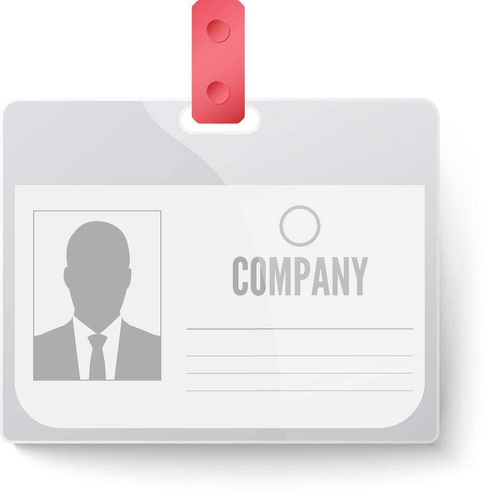 Hanging plastic company id card with a vibrant red lanyard, displaying a photo of a businessman, company logo, and blank lines for entering employee information vector