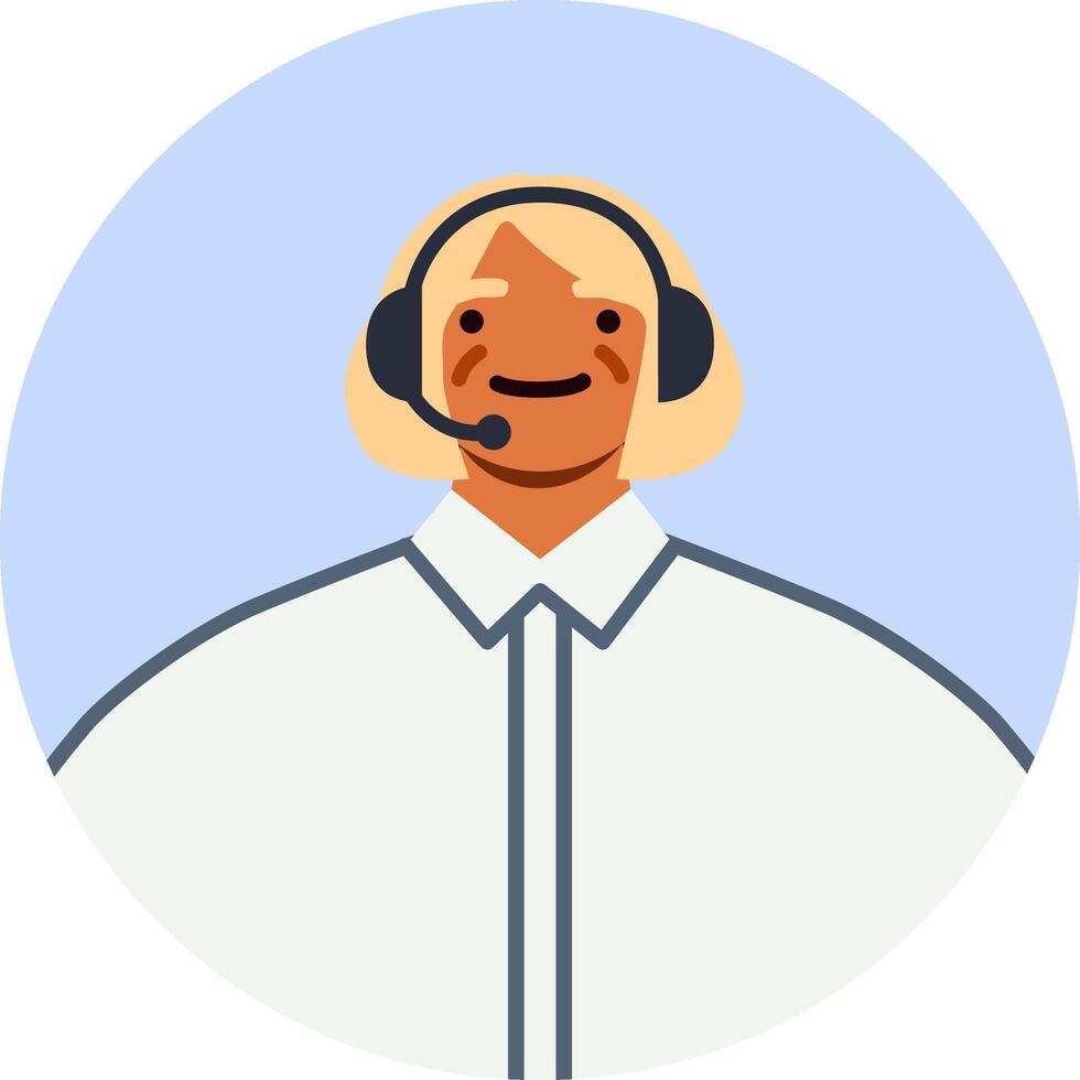 Portrait of a friendly senior woman wearing a headset and smiling, likely working in a customer service role or as a telemarketer, providing assistance and support vector