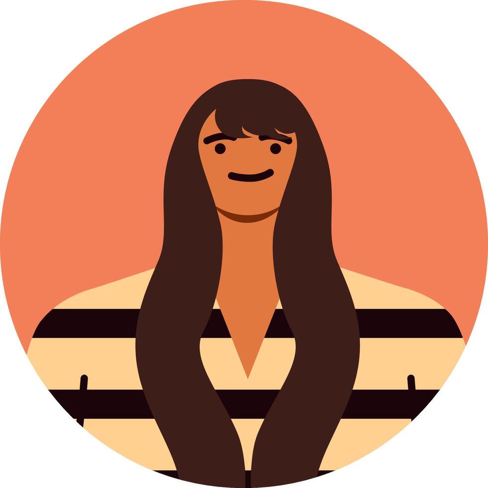 Minimalist illustration of a young woman with long brown hair, wearing a striped shirt, smiling subtly against a round orange backdrop, creating a simple yet stylish profile picture vector