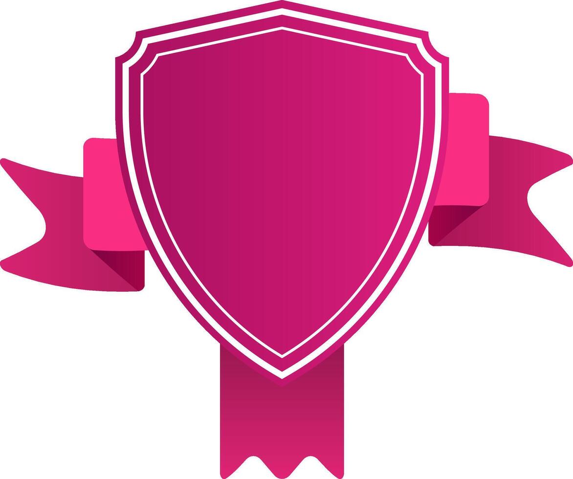 Pink shield with white border featuring a horizontal pink ribbon wrapped around it, symbolizing security, protection, guarantee, and quality assurance vector