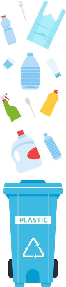 Different plastic items, including bottles, bags, and containers, are falling into a dedicated recycling bin, symbolizing responsible waste management and environmental sustainability efforts vector