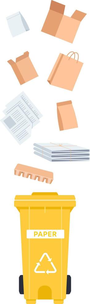 Different types of paper waste, including cardboard boxes, newspapers, and bags, falling into a yellow recycling bin labeled for paper, highlighting the importance of recycling for sustainability vector
