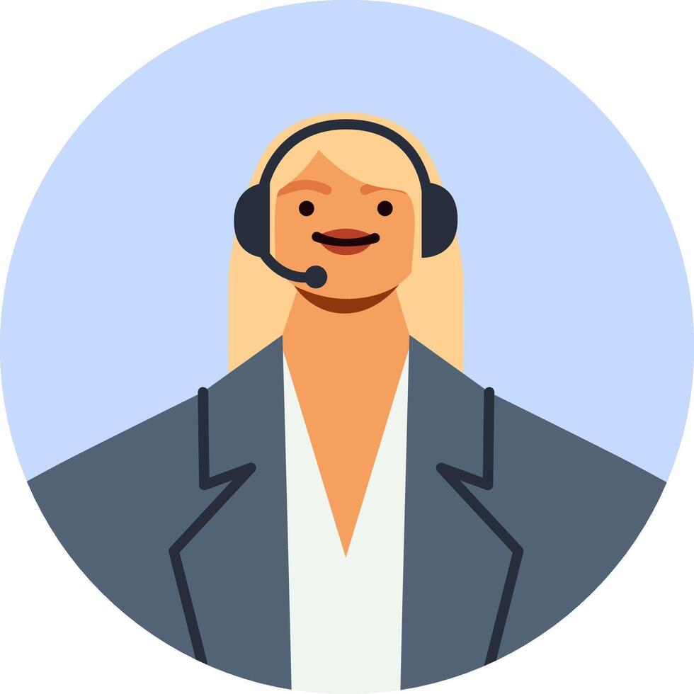 Blond female call center agent wearing a headset and smiling, providing friendly customer service. Avatar icon set in a circle, featuring a flat illustration design vector