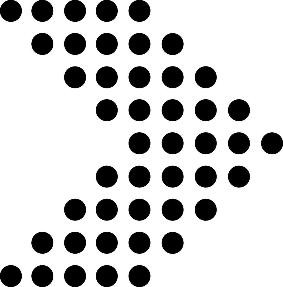 Black dots of increasing and decreasing size are forming a zigzag shape pointing towards the right down corner against a white background, creating an abstract and dynamic visual pattern vector