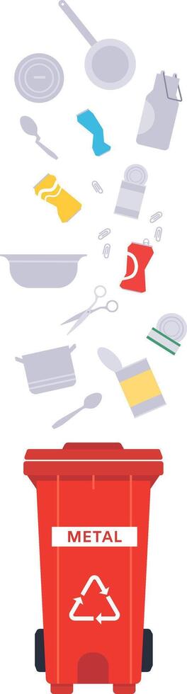 Different metal objects, including cans, pans, and utensils, are falling into a red recycling bin labeled metal, emphasizing the importance of metal recycling for environmental sustainability vector
