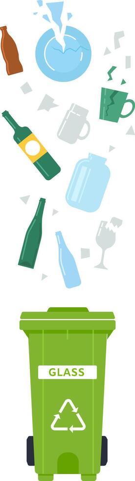 Different types of glass containers, including bottles, cups, and a broken plate, falling into a green recycling bin, highlighting the importance of glass recycling and effective waste sorting vector
