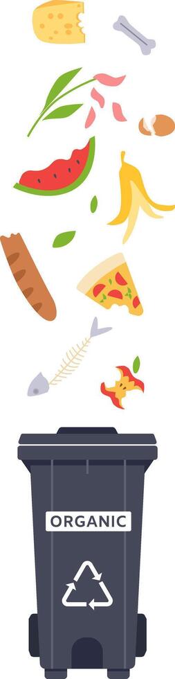 Different types of organic food waste are falling into a gray garbage bin with a recycling symbol, promoting composting and waste reduction vector