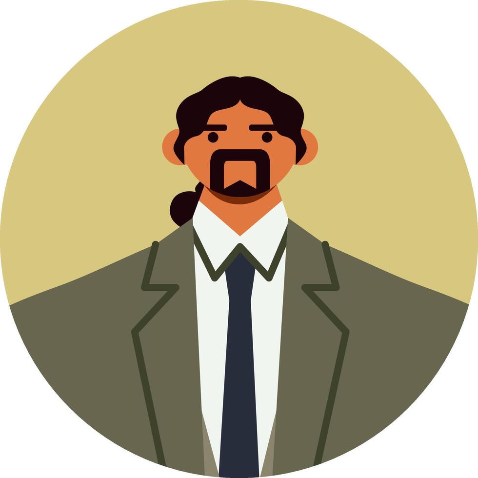 Portrait of a businessman wearing a suit and tie, featuring long dark hair styled in a ponytail and a distinctive goatee, conveying professionalism and individual style vector