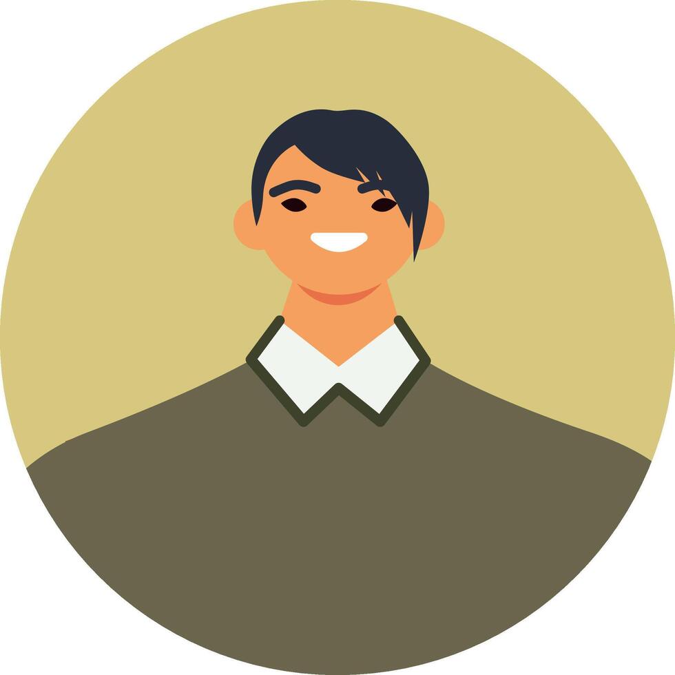 Illustration presents a smiling asian man with dark hair and a white collar, creating a friendly and approachable profile image against a light yellow circular backdrop vector