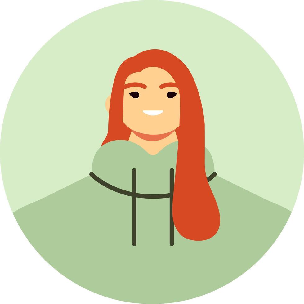 Circular portrait featuring a smiling young woman with long, vibrant red hair, wearing a comfortable green hoodie, conveying a sense of casual confidence and modern style vector