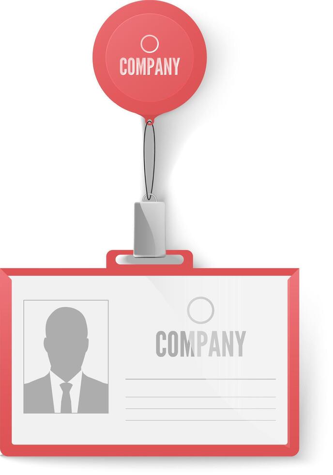 Red company id card hanging from a vibrant red balloon, displaying a businessman's photo along with designated space for essential information and the company logo vector