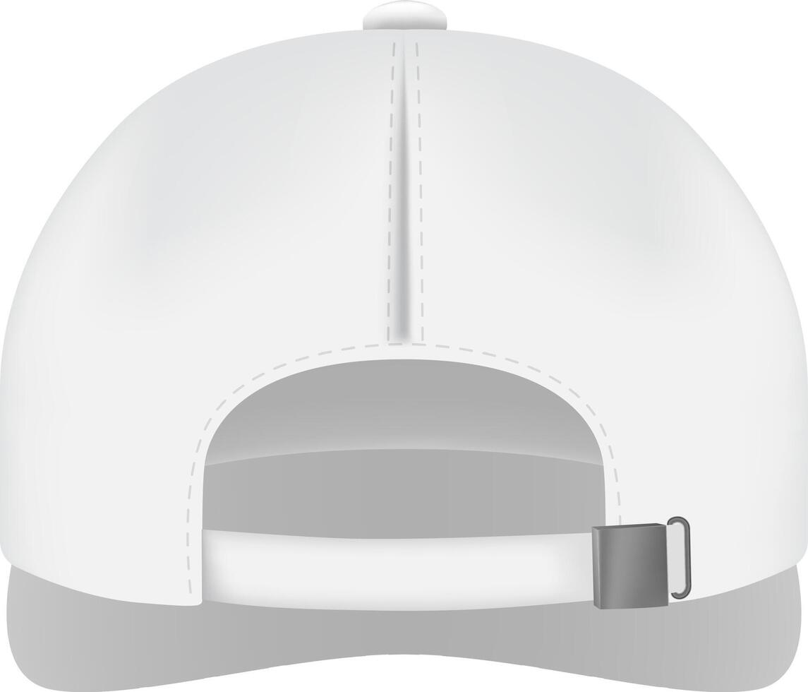Realistic illustration of a classic white baseball cap, highlighting its adjustable strap and back panel, perfect for showcasing designs or branding vector
