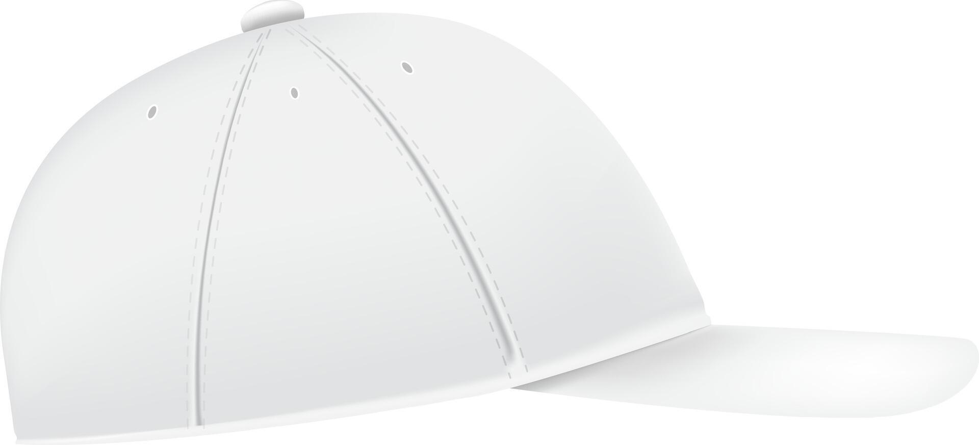 Realistic white baseball cap template featuring front and side views, ideal for displaying designs or logos, set against a clean, isolated white background for effective presentation vector