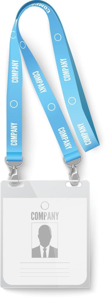 Blue lanyard with company name and id card holder showing a businessman silhouette, isolated on white background, represents professional identification and corporate branding vector