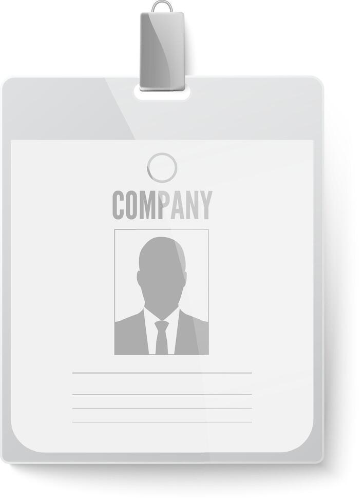 Generic identification card hanging with a metallic clip, featuring a company logo, the silhouette of a businessman, and empty lines for personal information vector