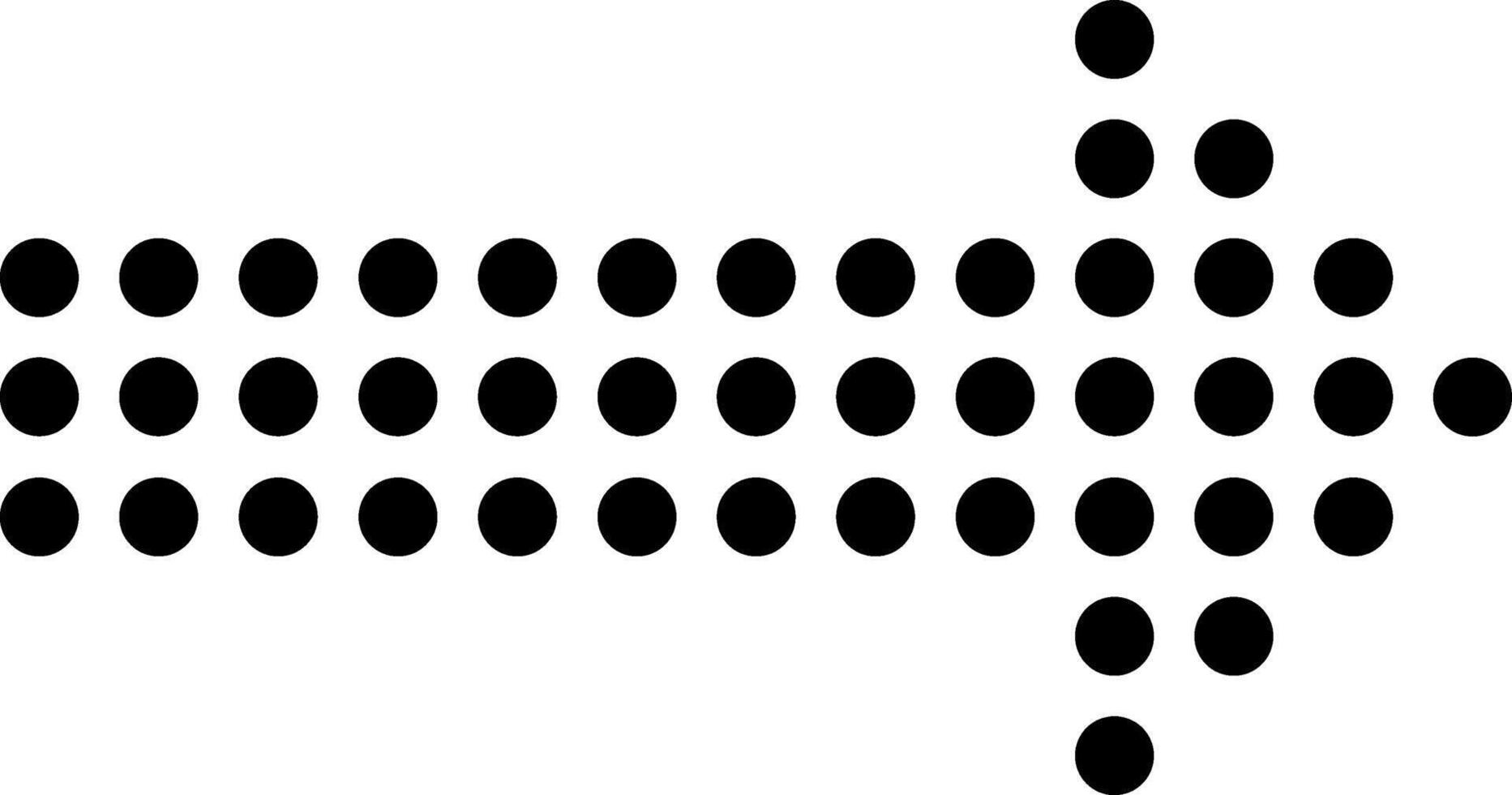 Black dots arranged in rows and columns creating an arrow pointing to the right side against a clean white background, symbolizing direction, movement, and progress vector
